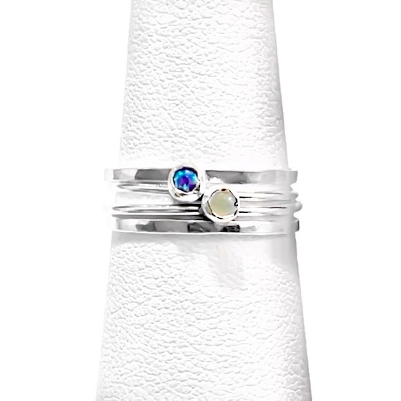 (2-13) 925 Sterling Silver Purple Opal & Rainbow Moonstone Stacking Rings Set - Picture 2 of 8